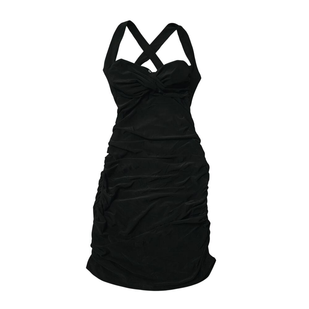Sabora Ruched Bodycon Cross Back Mini Dress Black Size S